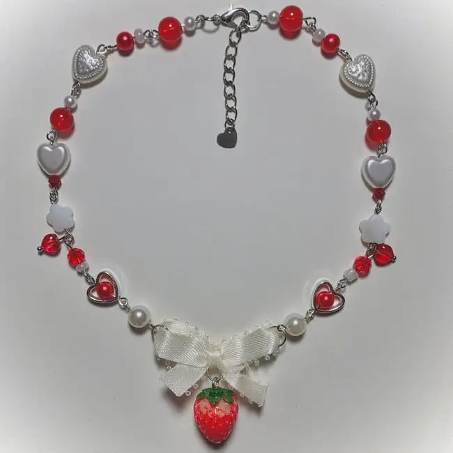 Coquette Aesthetic Strawberry Pearl Beaded Necklace