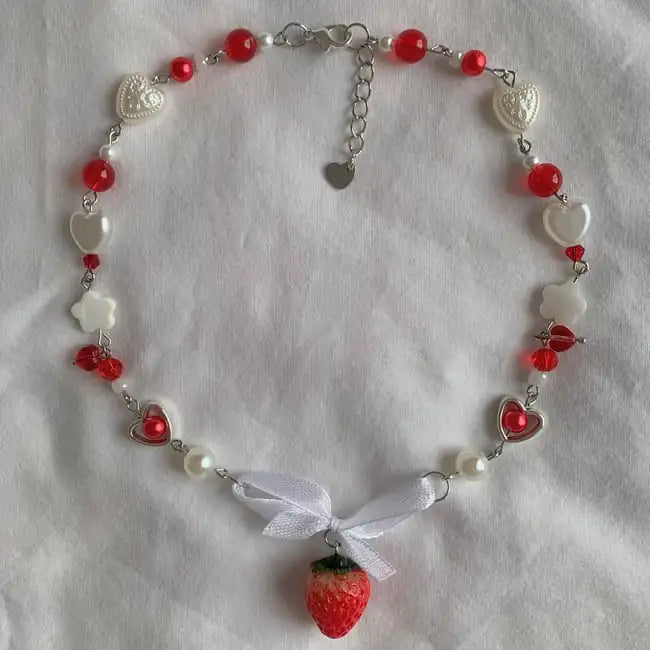 Coquette Aesthetic Strawberry Pearl Beaded Necklace