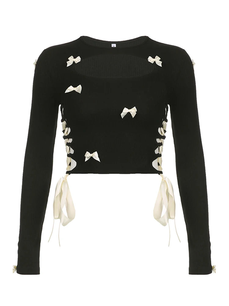 Coquette Aesthetic Y2K Ribbon Bow Long Sleeve Crop Top