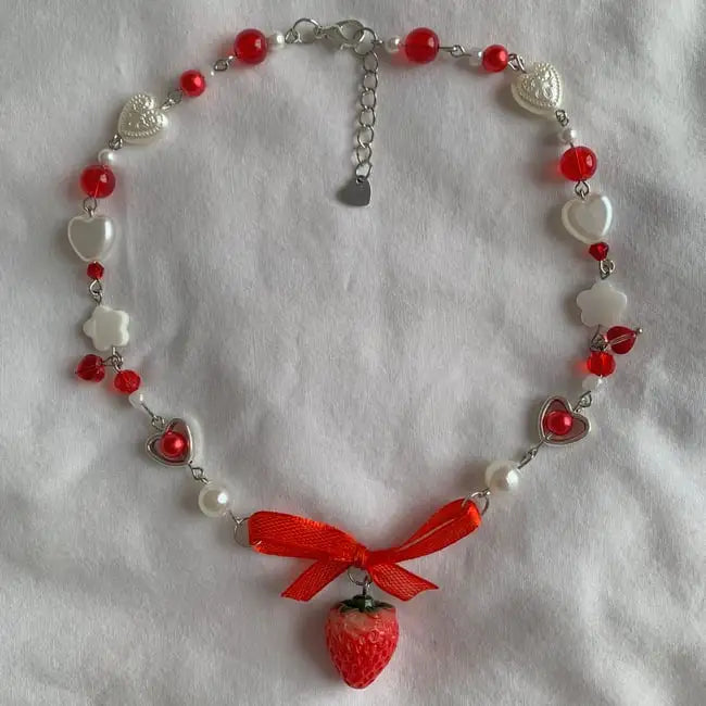 Coquette Aesthetic Strawberry Pearl Beaded Necklace